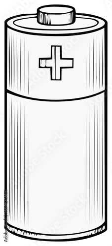 Simple illustration of a battery with a positive sign in black and white style