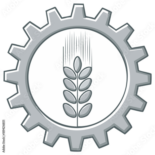 Gear encircles a stylized wheat stalk symbolizing agricultural industry and automation