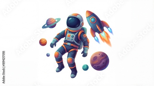 Astronaut floating in space with planets and rocket