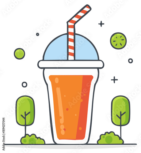 Refreshing orange drink in a large cup with straw and fruit accents simple flat vector illustration