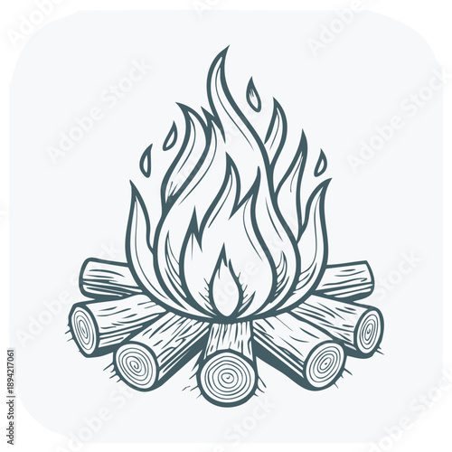 Hand drawn campfire illustration with burning firewood logs and flames
