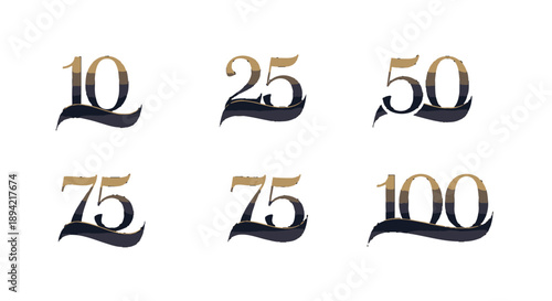 Set of golden numbers with black swirls on white background.
