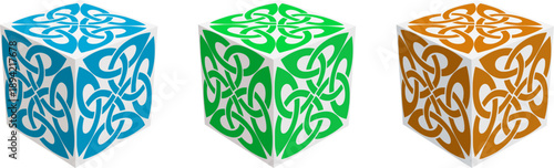 Vector illustration of three isometric cubes decorated with repeating Celtic knot ornaments in different colors. Suitable for abstract design concepts, logos, decorative graphics, backgrounds, and sym