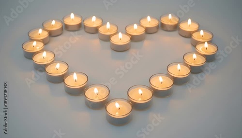 Glowing Candle Heart On Gray Surface, Soft Warm Flames, Minimalist Arrangement, Intimate Mood, Ambient Glow