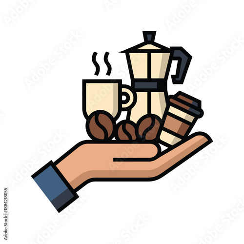 Cartoon illustration of coffee cups and beans on a serving tray with a hand
