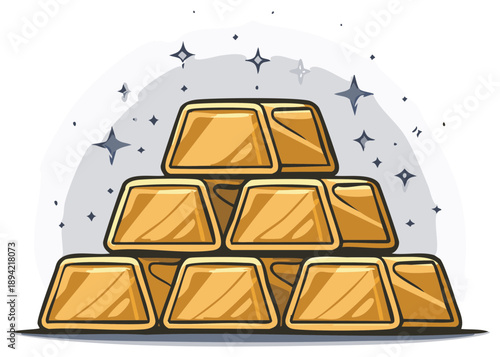 Stack of gleaming gold bars in a pyramid formation with sparkling stars