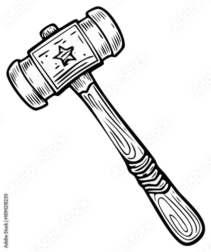 Hand-drawn gavel with star emblem; Tool for law, justice, auction, and woodworking industries.