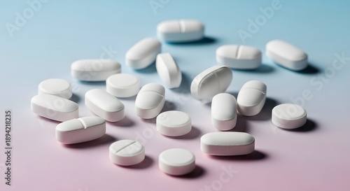 Scattered white oval and round pills on a pink and blue gradient background tablets medicine
