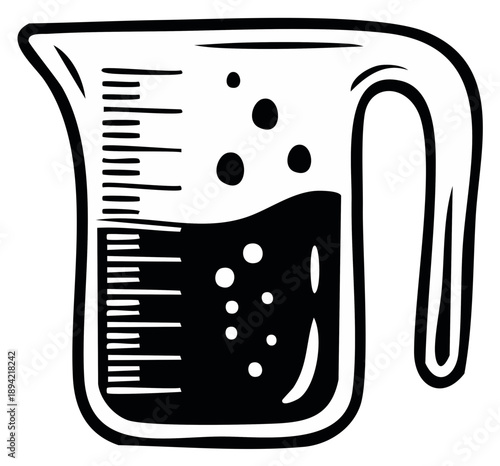 Stylized measuring cup with bubbling liquid and measurement markings illustration