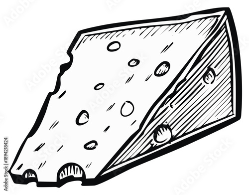 Ink drawn depiction of a wedge of Swiss cheese, showing holes and carved details.