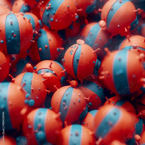 Colorful Spheres Arranged Together Showing a Mix of Red and Blue in a Busy Scene