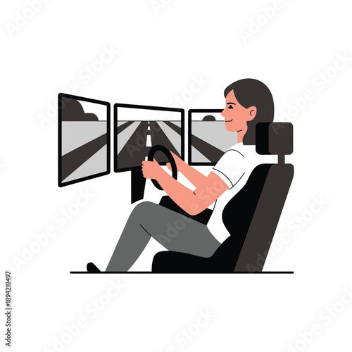 Person sitting in a car simulator with multiple screens displaying a road ahead