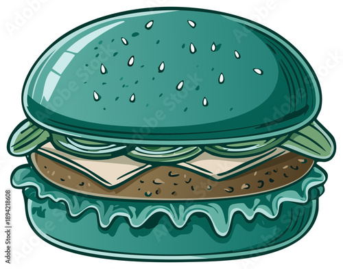 Vibrant teal cartoon hamburger illustration with cheese lettuce and patty