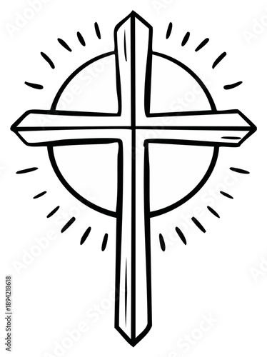 Simple outline drawing of a cross with radiating lines and a circular halo, representing faith, spirituality, and belief.