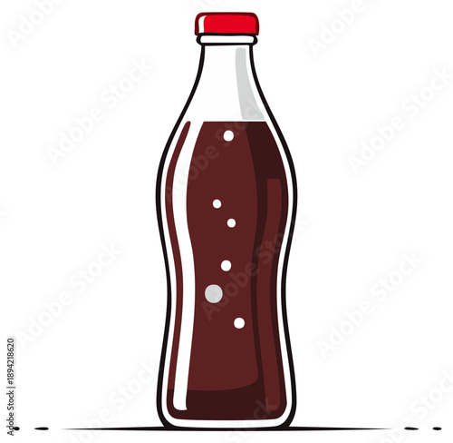 Illustration of Classic Brown Soda Bottle with Red Cap and Bubbles on a Flat Surface