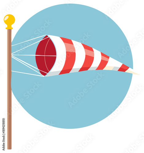Red and white striped windsock blowing in the wind on a pole weather vector illustration