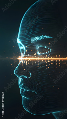 Digital human face with glowing neon lines and futuristic data visualization