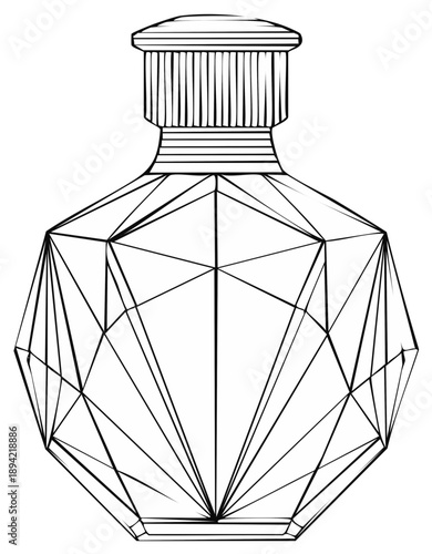 Line art illustration of a faceted geometric crystal perfume bottle for a coloring page