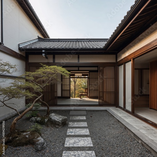 Zen Garden Pathway Leads to Traditional Japanese House and Open Space for Rel...