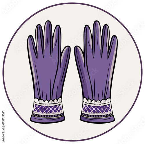 Pair of Purple Gloves with Lace Cuffs in a Circular Frame