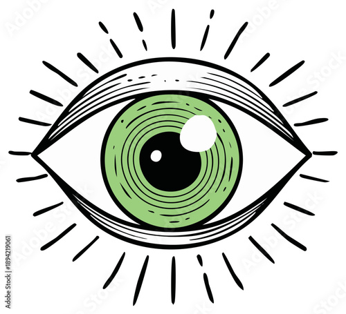 Graphic illustration of a green eye, with radiating lines, in a vintage engraved style.