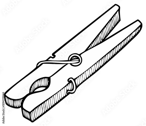Black and white line drawing of a wooden clothespin in a detailed illustration style
