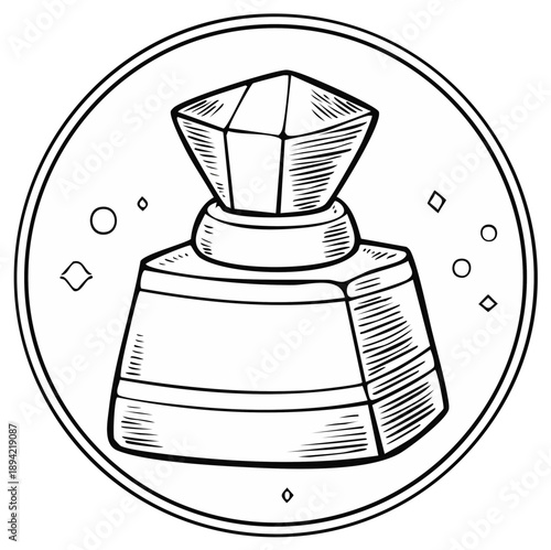 Hand drawn illustration of a vintage inkwell with a faceted gemstone lid inside a circular frame