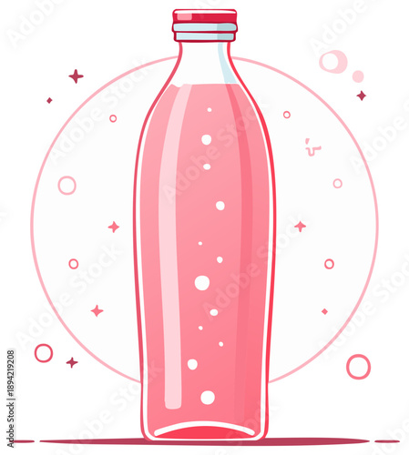 Pink drink beverage bottle illustration, bubbly with bubbles on white background