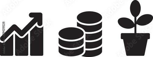 Investment growth icons showing financial chart rising coins and small plant in clay flowerpot