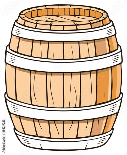 Cartoon illustration of a wooden barrel, with white bands, for wine or storage.