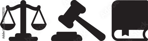 Law and justice symbols balance scales gavel and book icons on transparent background