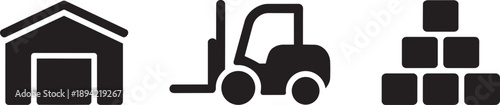 Logistics and warehouse operations icons with storage building forklift truck and stacked boxes