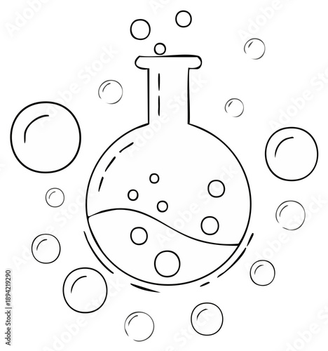 Laboratory flask with bubbles in a vector line art illustration