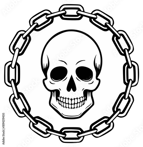 Skull Emblem Surrounded by a Chain Circle, Monochrome Illustration