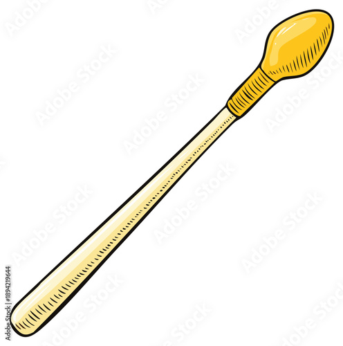 Detailed hand drawn illustration of a single yellow tipped cotton swab