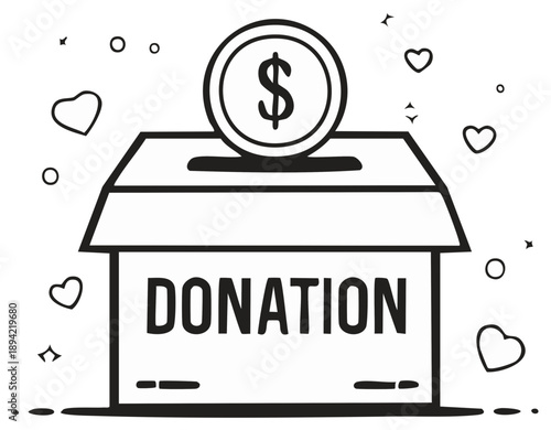 Charity donation box with dollar coin and hearts simple black and white line art vector illustration