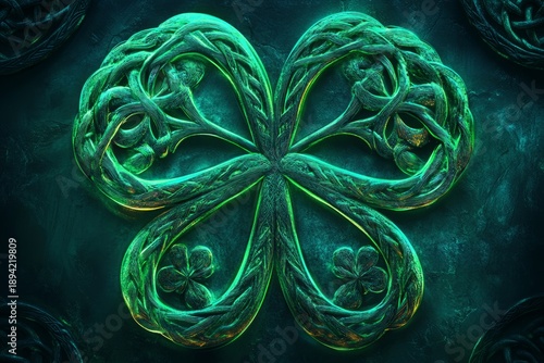 Intricate celtic knot shamrock on textured green background