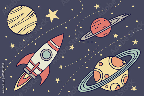 Retro Space Exploration with Rocket and Planets.