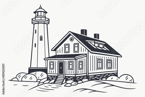 Vintage Lighthouse and Coastal House on Rocky Shore.
