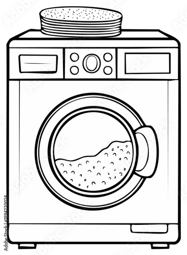 Household laundry appliance for washing clothes with a stacked fabric softener sheets on top in a line art illustration style