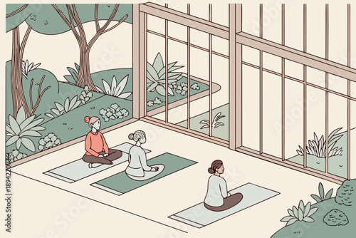 Women Meditating in a Modern Yoga Studio with Garden View.