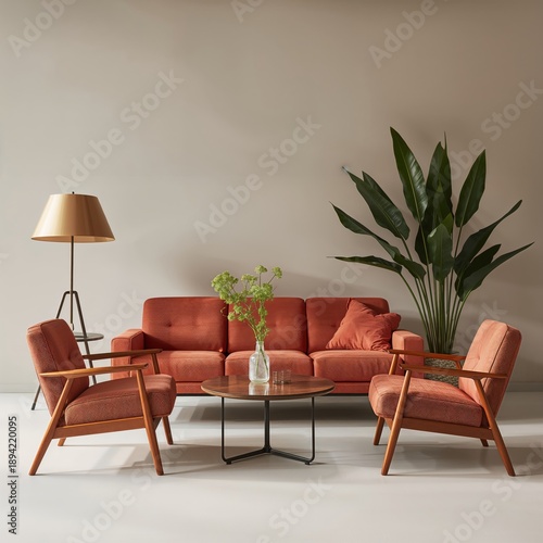 Stylish Living Room With a Couch, Armchair, and Plant Near a Wall With Modern...