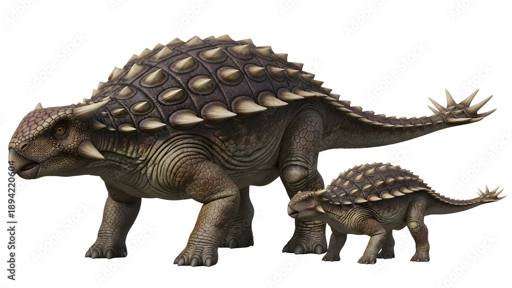 Fototapeta premium Ankylosaurus magniventris prehistoric dinosaur illustration with juvenile, isolated on transparent background
