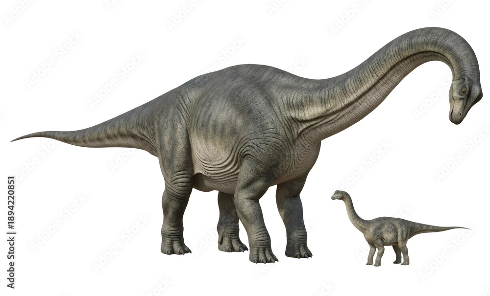 Fototapeta premium Apatosaurus ajax prehistoric dinosaur illustration with juvenile, isolated on transparent background