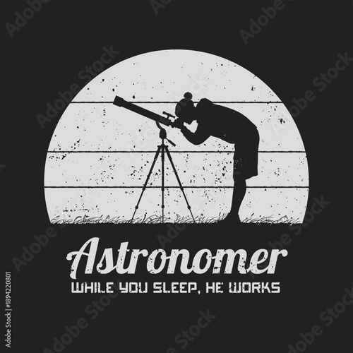 Man with telescope. Astronomer at work. Black white retro 70s design