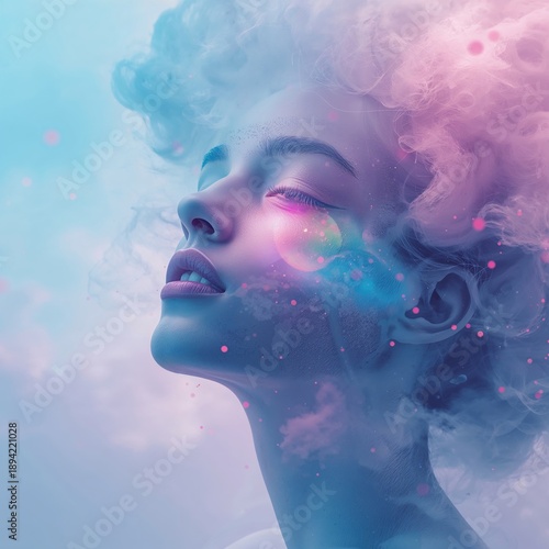 Woman in Colorful Clouds With Soft Light Showing Her Profile in a Dreamlike S...