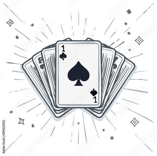 Hand-drawn playing cards fanned out with Ace of Spades and dynamic burst effect illustration