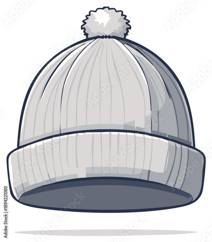 Gray knitted winter hat with pompom illustration on white background