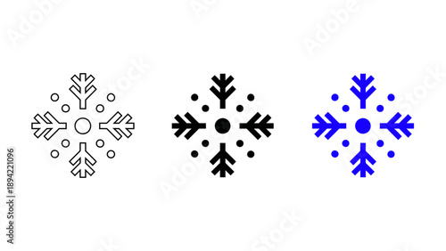Snowflake winter icon in outline black solid and blue styles representing cold weather seasonal holiday and frozen climate temperature