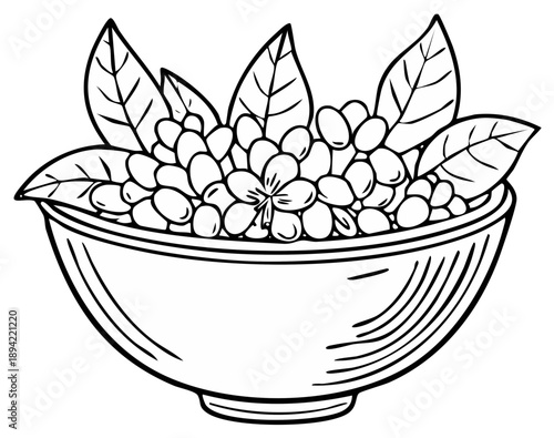 Line Art Bowl of Beans with Leaves and Flower